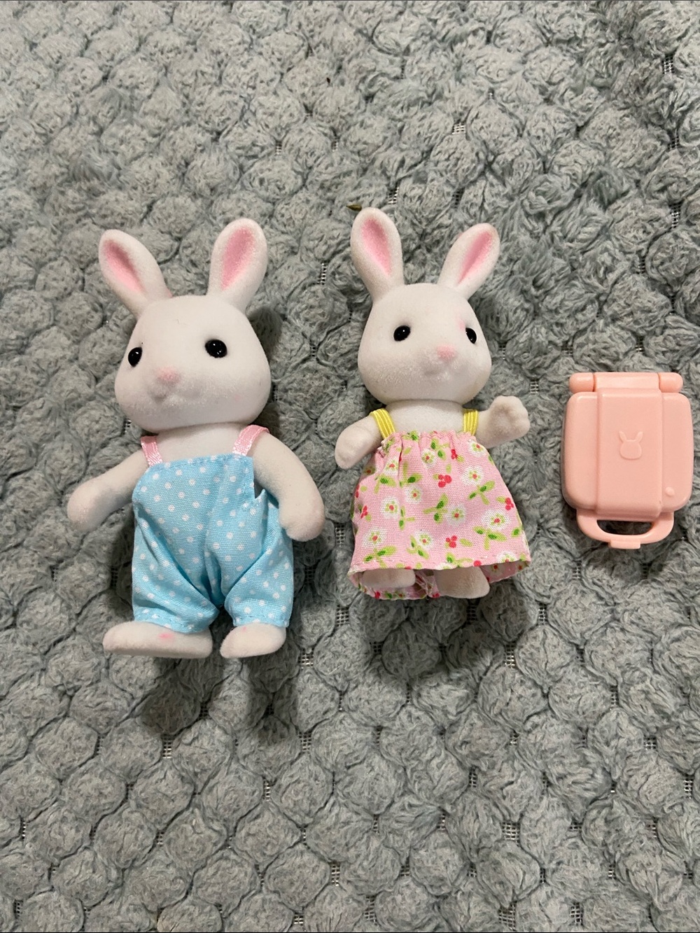 Calico Critters Small White Bunny Plush Toy Pair with Pink and Blue Outfits